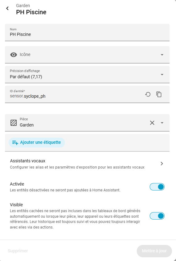 Entité pH dans Home Assistant