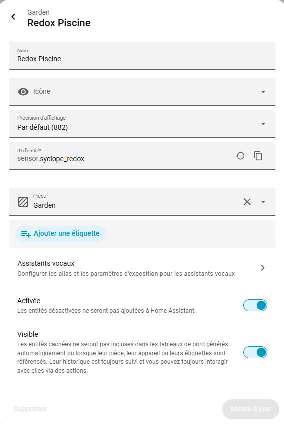 Entité Redox dans Home Assistant